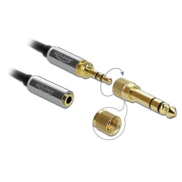 Delock JACK - JACK Sztereó hosszabbító kábel 6.35 mm csavaros adapterrel 3m
(3.5mm 3 pólusú apa  anya) (85782)