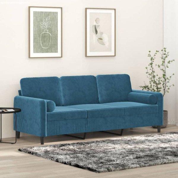 3 személyes kék bársony kanapé díszpárnákkal 180 cm