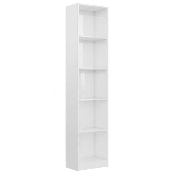 5-szintes magasfényű fehér forgácslap könyvszekrény 40x24x175cm