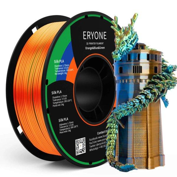 Eryone Silk PLA Triple Color selyemfényű narancs, kék és zöld (orange &
blue & green) háromszínű 3D nyomtató Filament 1.75mm, 1kg/tekercs