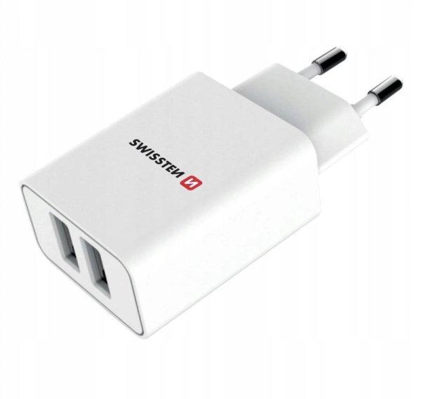 Swissten Hálózati Töltő Adapter, 2 USB Port, Smart IC, 2.1 A, Fehér