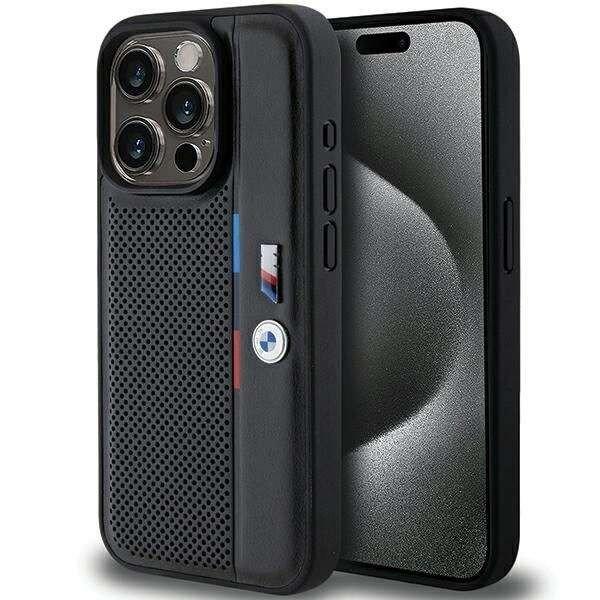 BMW Perforated Tricolor Line tok iPhone 15 Pro - fekete