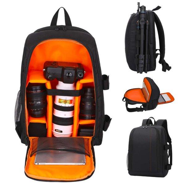 VisionHub fotós hátizsák, professzionális DSLR – tükör nélküli
fényképezőgépekhez, sportkamera, drón, állvány, vízálló burkolat, 30
cm x 45 cm, fekete narancs