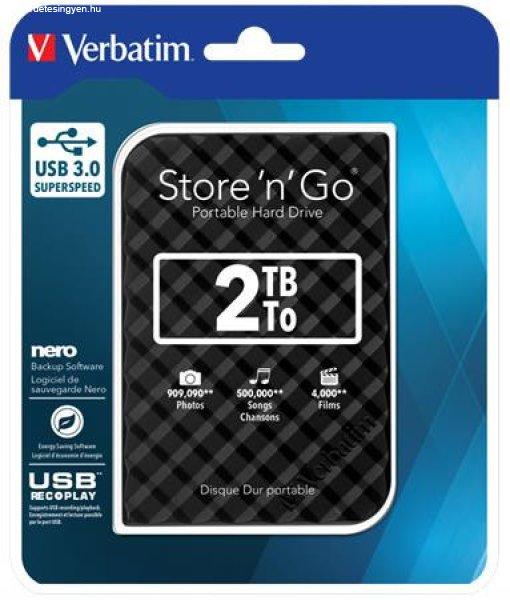 2,5" HDD (merevlemez), 2TB, USB 3.0, VERBATIM "Store n Go",
fekete