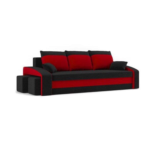 Monviso kanapéágy 2 db puffal, normál szövet, hab töltőanyag, bal oldali
puff tároló, fekete / piros