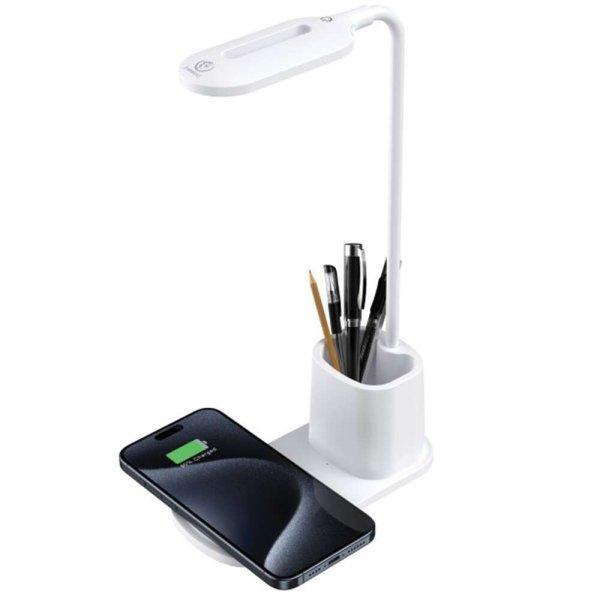 Rebeltec W601 töltő - univerzális asztali LED lámpa tolltartóval, Qi
vezeték nélküli töltéssel, 15W fehér