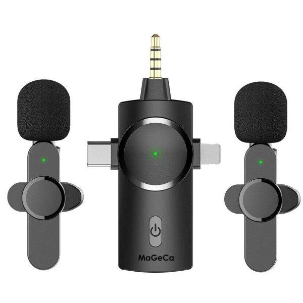 2 darabos MaGeCa vezeték nélküli mikrofon készlet, 3 az 1-ben Lavalier
típus, Zajcsökkentés kültéri videofelvételekhez, Kompatibilis
iPhone/Type-C/Camera/Laptop, fekete