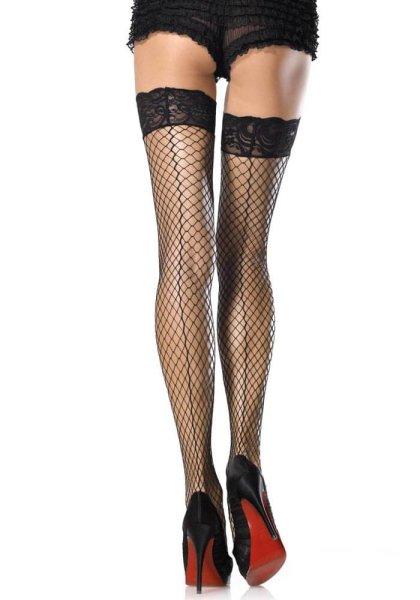  729061 STAY-UP LYCRA INDUSTRIAL LACE TOP THIGH HIGHS WITH BACK SEAM O/S BLK 