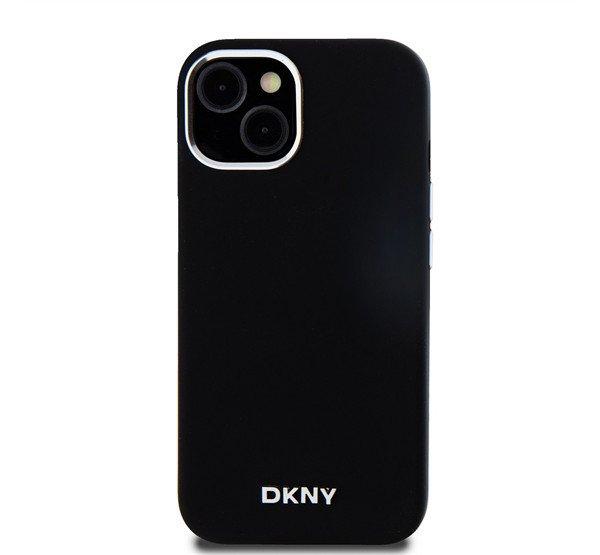 DKNY Liquid Silicone Silver Metal Logo Magsafe iPhone 15 hátlap tok, fekete