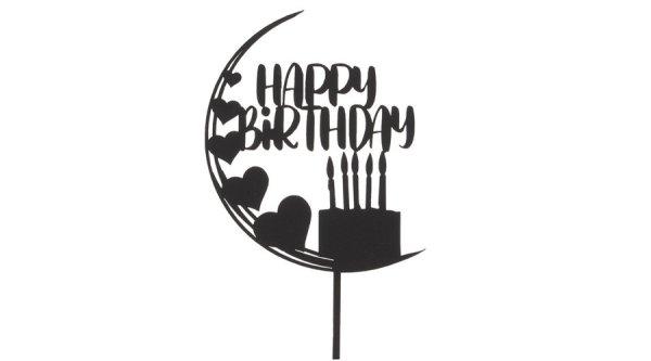 Fekete szíves és tortás Happy Birthday sziluett tortadísz
