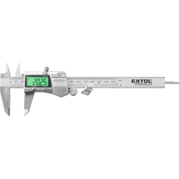 EXTOL PREMIUM digitális tolómérő; 0,01×150mm, kijelző
háttérvilágítással, mélységmérővel, rozsdamentes acél, pontosság
±0,02/0,03 mm