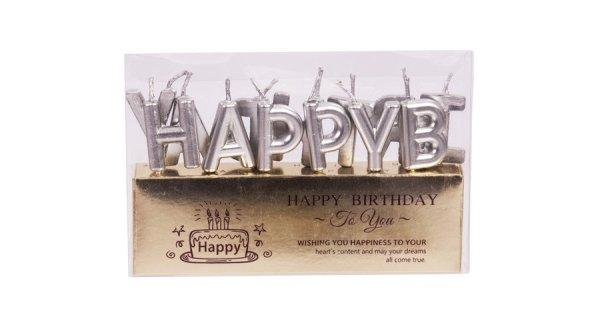 Ezüst színű Happy Birthday felirat tortagyertya