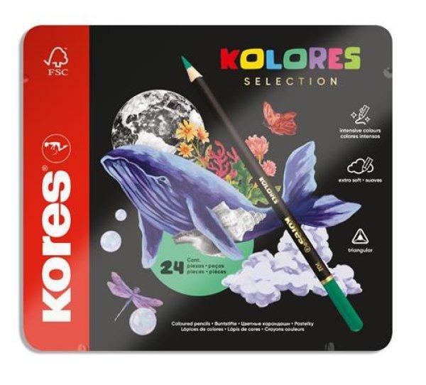 Színes ceruza készlet, háromszögletű, fém doboz, KORES "Kolores
Selection", 24 különböző szín