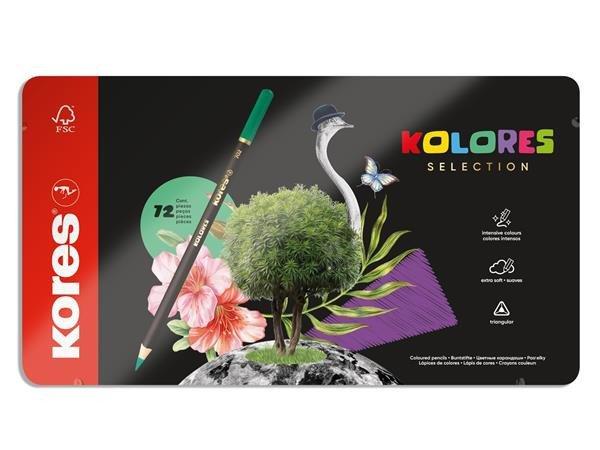 Színes ceruza készlet, háromszögletű, fém doboz, KORES "Kolores
Selection", 72 különböző szín