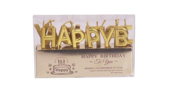 Arany színű Happy Birthday felirat tortagyertya