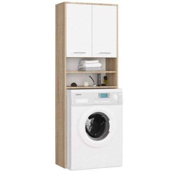 Fürdőszoba szekrény mosógéppel, laminált deszka, 4 polc, 2 ajtó, tölgy
és fehér, 64x30x180 cm