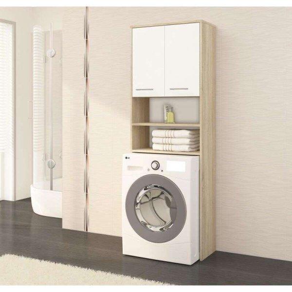 Fürdőszoba szekrény mosógépnek hellyel, laminált lap, 4 polc, 2 ajtós,
tölgy és fehér, 64x30x180 cm