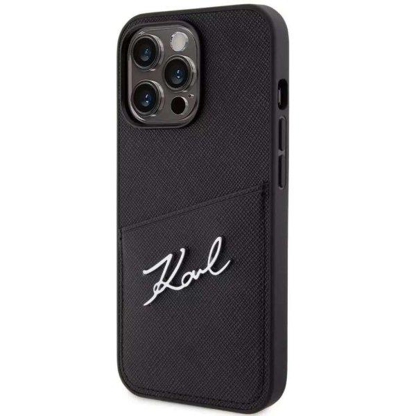 Apple iPhone 13 Pro, Műanyag hátlap védőtok + szilikon keret, bőrhatású
hátlap, kártyatartóval, Karl Lagerfeld Saffiano Metal Signature Cardslot,
fekete (1283620000004)