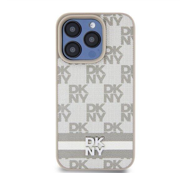 DKNY PU Leather Checkered Pattern and Stripe iPhone 14 Pro hátlap tok, bézs