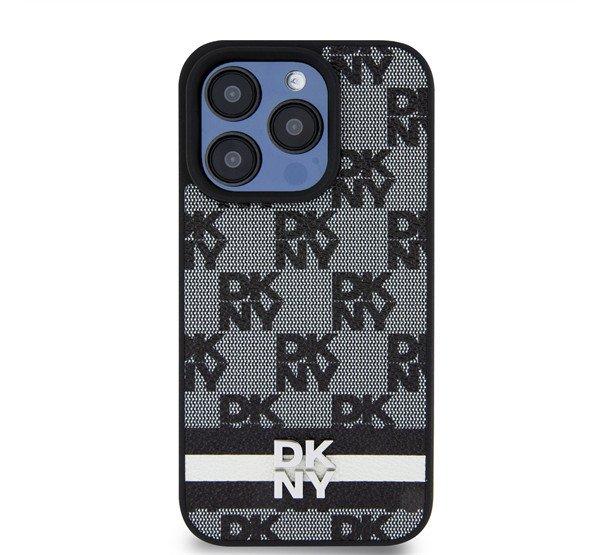 DKNY PU Leather Checkered Pattern and Stripe iPhone 14 Pro hátlap tok, fekete