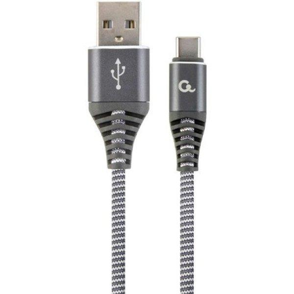 Gembird USB-C -> USB-A 2.0 M/M adatkábel 1m szürke-fehér szövet borítás