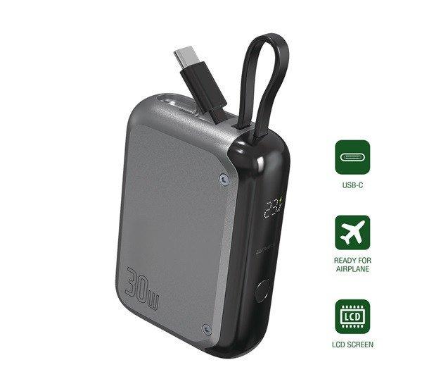 4smarts Pocket külső akkumulátor USB Type-C kábellel, 10000mAh, 30W, szürke