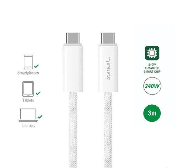 4smarts PremiumCord USB-C kábel, 240W, 3m, fehér