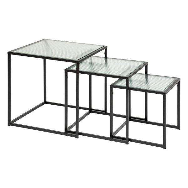 Üveg lerakóasztal 3db-os szett, fekete fém keret - COURCELLES - Butopêa