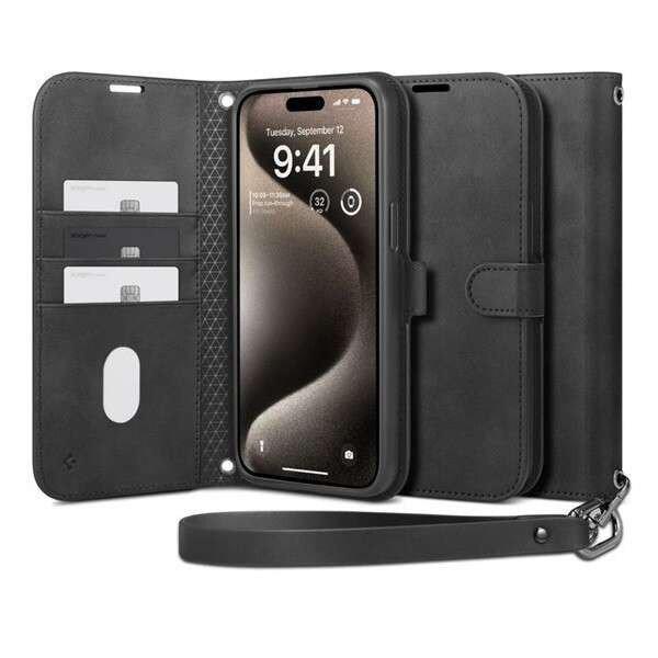 Apple iPhone 15 Pro Max, Oldalra nyíló tok, stand, kártyatartóval,
kézpánttal, Spigen Wallett S Pro, fekete (8809896749541)