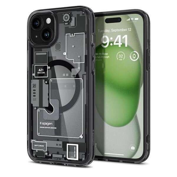 Apple iPhone 15 Plus, Műanyag hátlap védőtok + szilikon keret, Magsafe
töltővel kompatibilis, iPhone belső minta, Spigen Ultra Hybrid Zero One Mag,
átlátszó/füst (8809896750035)