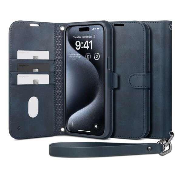 Apple iPhone 15 Pro Max, Oldalra nyíló tok, stand, kártyatartóval,
kézpánttal, Spigen Wallett S Pro, sötétkék (8809896749558)