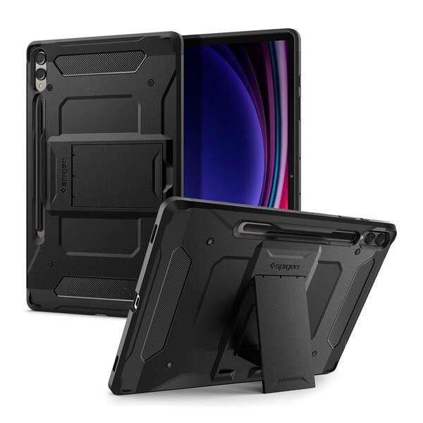 Samsung Galaxy Tab S9 Plus 12.4 SM-X810 / X816B, Szilikon tok + műanyag
hátlap, kitámasztóval, érintő ceruzatartóval, Spigen Tough Armor Pro,
fekete (8809896751490)