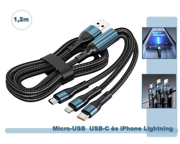 Univerzális Micro-USB  USB-C és iPhone Lightning telefon töltőkábel M12019
