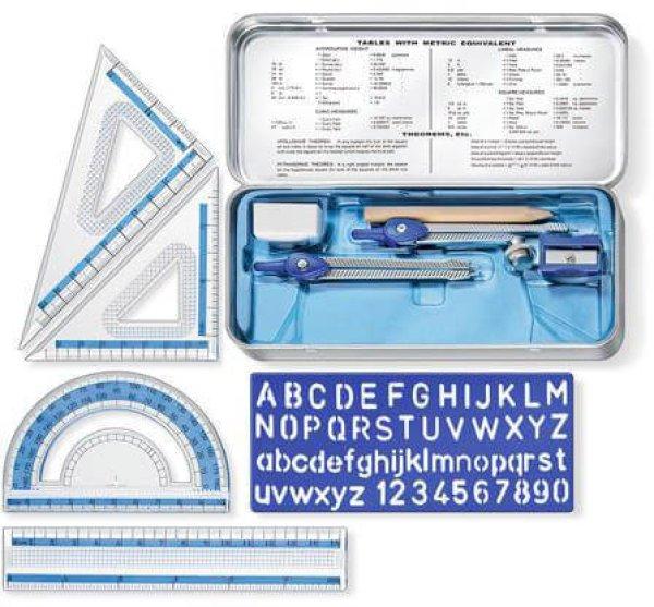 Matematikai készlet, fém dobozban, 10 darabos, vonalzóval, körzővel és
kiegészítőkkel, Staedtler 55710