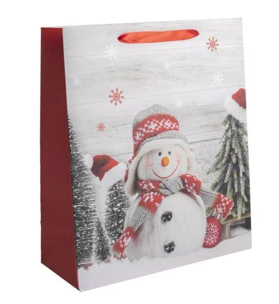 Karácsonyi ajándéktáska 23x18x10cm, közepes, szürke-piros, hóember
sapkában, sállal