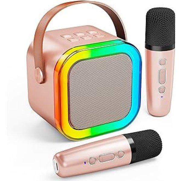 Mini karaoke szett, RGB hordozható bluetooth hangszóró + 2 vezetéknélküli
mikrofon