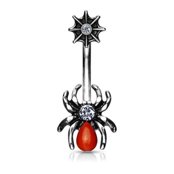 Patinás acél köldök piercing – pók pókhálóval, piros hassal,
cirkóniákkal
