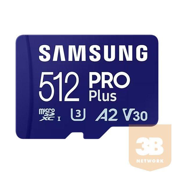 SAMSUNG Memóriakártya, PRO Plus microSDXC kártya 512GB, CLASS 10, UHS-I, U3,
V30, A2, + Adapter, R180/W130