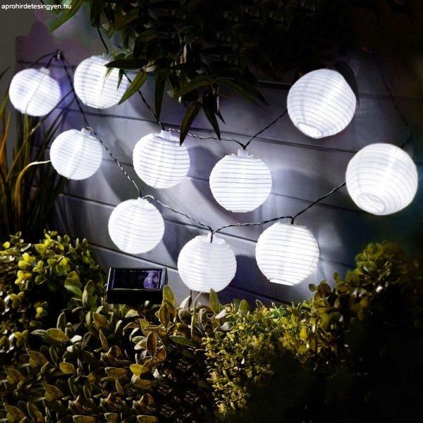Fehér szolár lampion fényfüzér, 10 darab lampionnal, hidegfehér LED
világítással, hossza 3,7 méter
