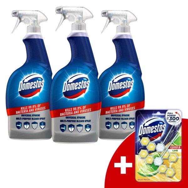 Domestos Universal Hygiene Spray 3x750ml + Ajándék Domestos WC rúd