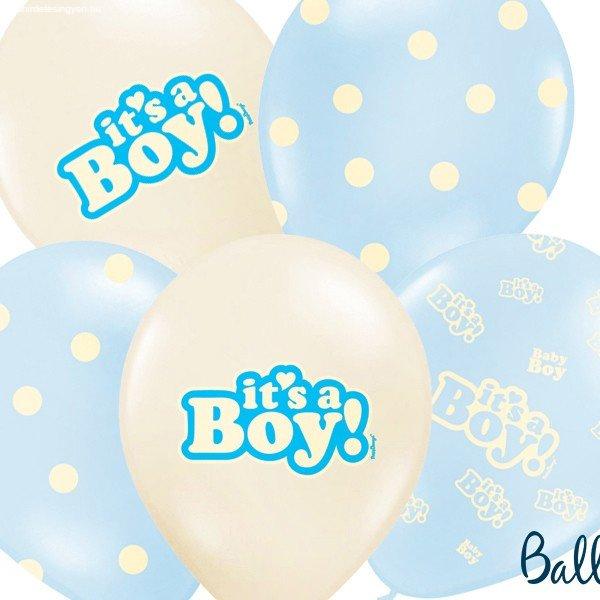 Pöttyös és sima babaváró lufi It's a boy felirattal 30 cm, 5 db/csomag