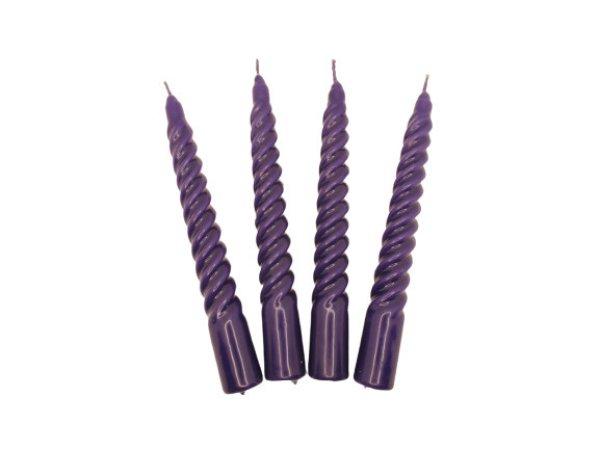Gyertya kis csavart lila 17 cm x 2 cm, 4 db/csomag