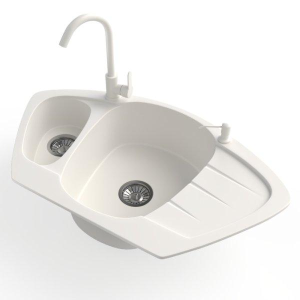 Gránit mosogató NERO Compact + magasított csaptelep + adagoló (fehér)