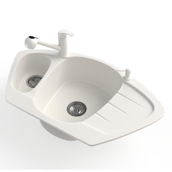 Gránit mosogató NERO Compact + kihúzható zuhanyfejes Shower csaptelep +
adagoló (fehér)