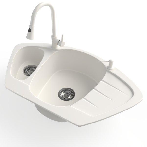 Gránit mosogató NERO Compact + kihúzható zuhanyfejes Snake csaptelep +
adagoló (fehér)