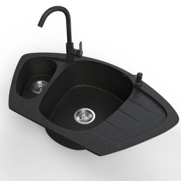 Gránit mosogató NERO Compact + magasított csaptelep + adagoló (fekete)