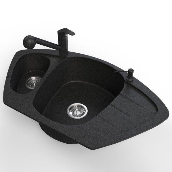 Gránit mosogató NERO Compact + kihúzható zuhanyfejes Shower csaptelep +
adagoló (fekete)
