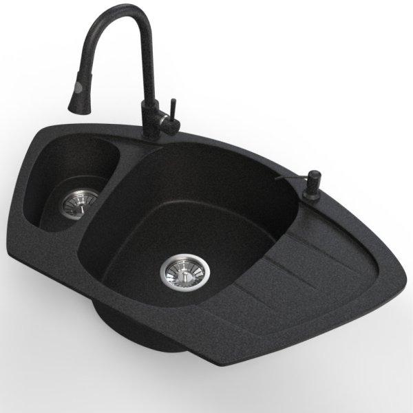 Gránit mosogató NERO Compact + kihúzható zuhanyfejes Snake csaptelep +
adagoló (fekete)