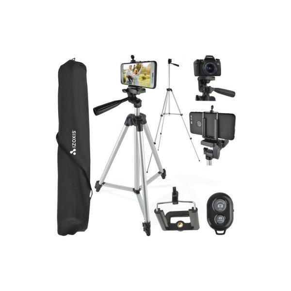 Állítható magasságú kamera-, telefon-, fényképezőgép állvány, tripod,
távvezérlővel Androidos és iOS-es okostelefonokhoz