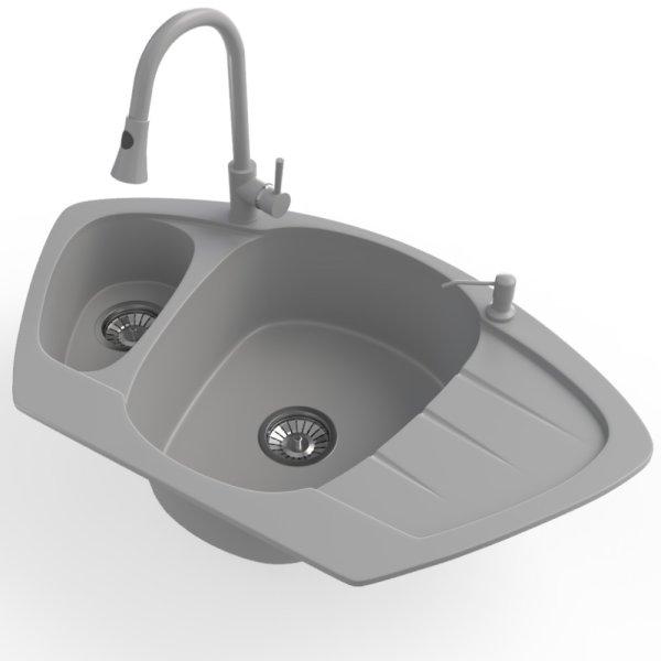 Gránit mosogató NERO Compact + kihúzható zuhanyfejes Snake csaptelep +
adagoló (szürke)
